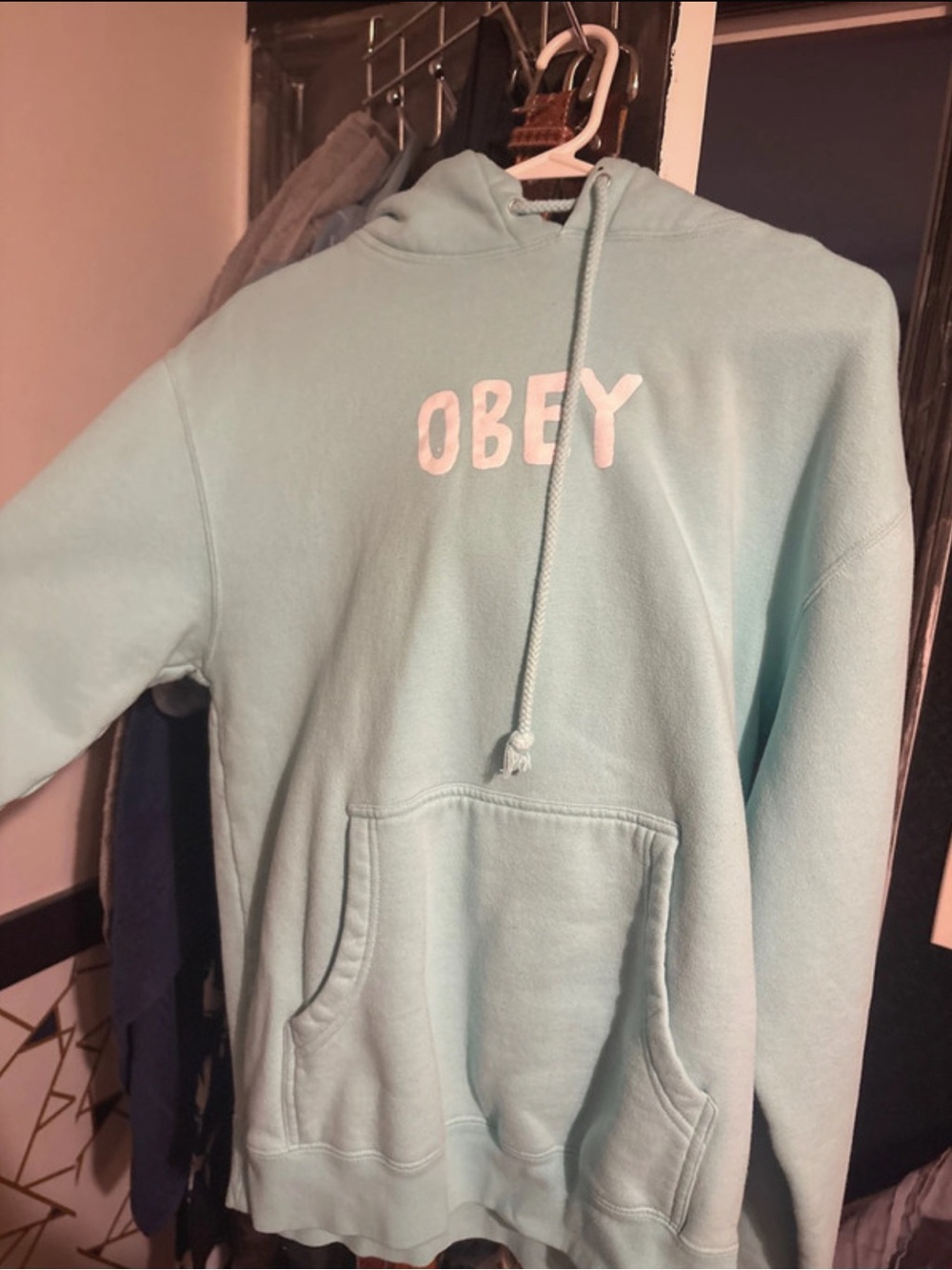 Obey Men’s Crewneck Hoodie in Light Aqua with White Logo